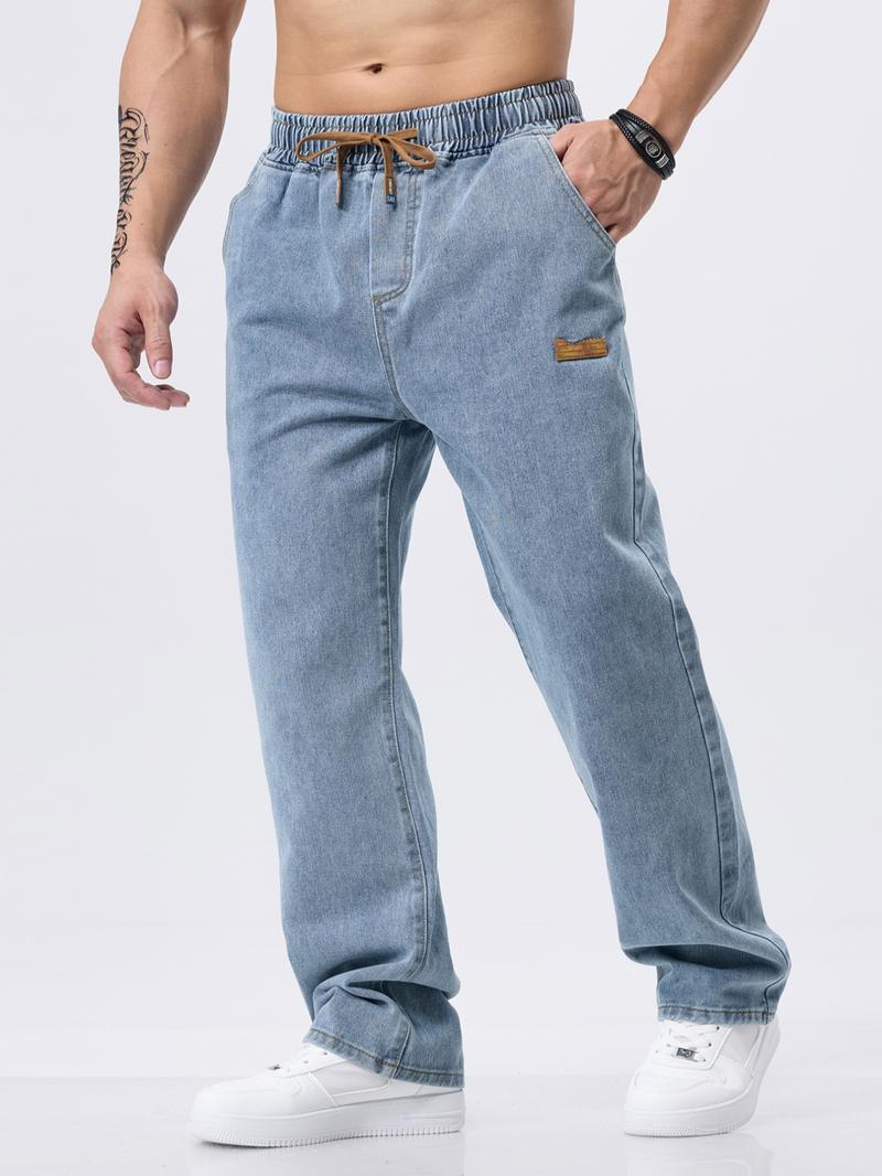Men's drawstring elastic waist washed and distressed loose straight-leg jeans, non-stretchy denim pants, comfortable and loose fit. Suitable for daily casual wear, urban gatherings, and weekend fashion looks. A must-have trendy men's pants 🔥
