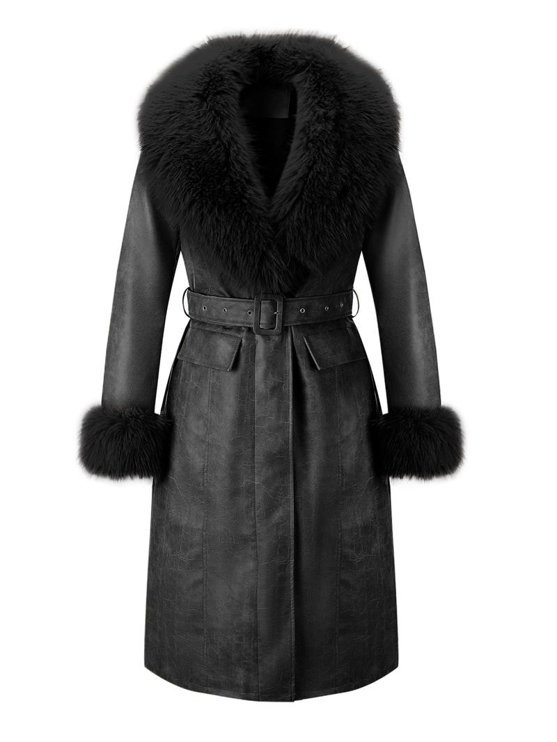 Women's Fall Winter Long Windproof Waterproof Jacket Coat, Comfortable Faux Fur Collar, Thick PU Leather, Slim Fit with Belted Design Outerwear