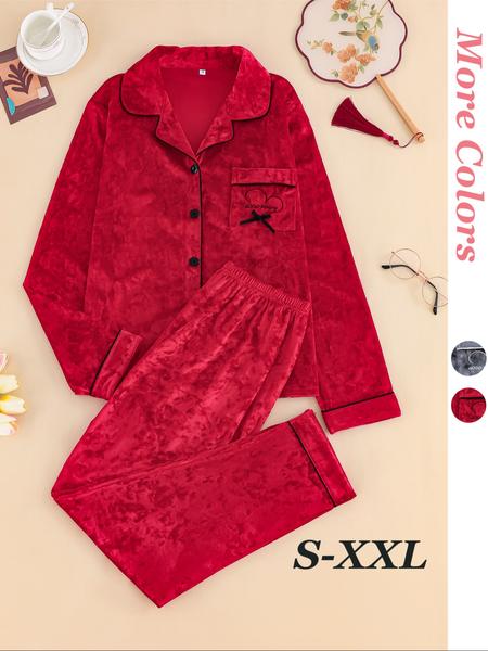 Women's Elegant Winter Pajama Set, Fitted Long Sleeve Button-Up Top & Warm Pants, Comfortable Home Wear for Cold Weather