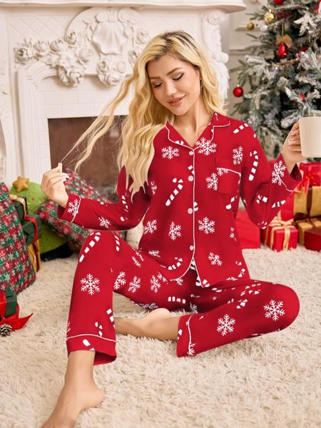 Women's Snowflake Cane Christmas Print Pajama Set, Long Sleeve Sleepwear, Comfortable Nightwear, All Seasons, Perfect Gift