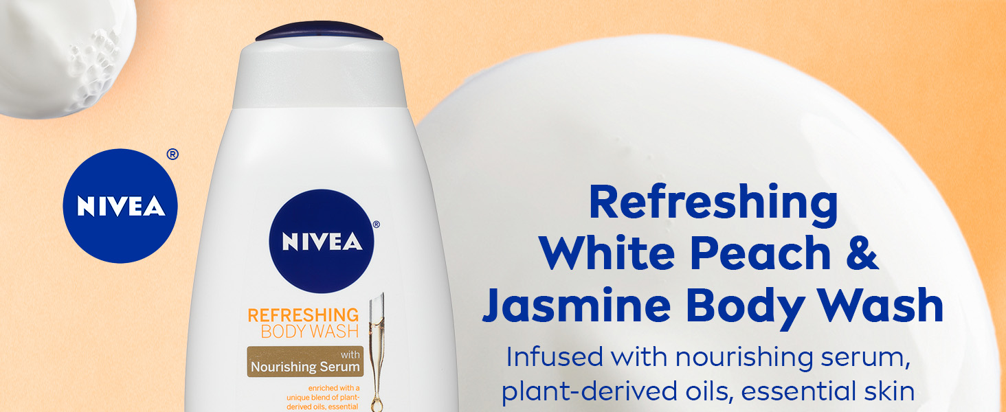NIVEA Refreshing White Peach & Jasmine Body Wash. Infused with nourishing serume, plant-derived oil