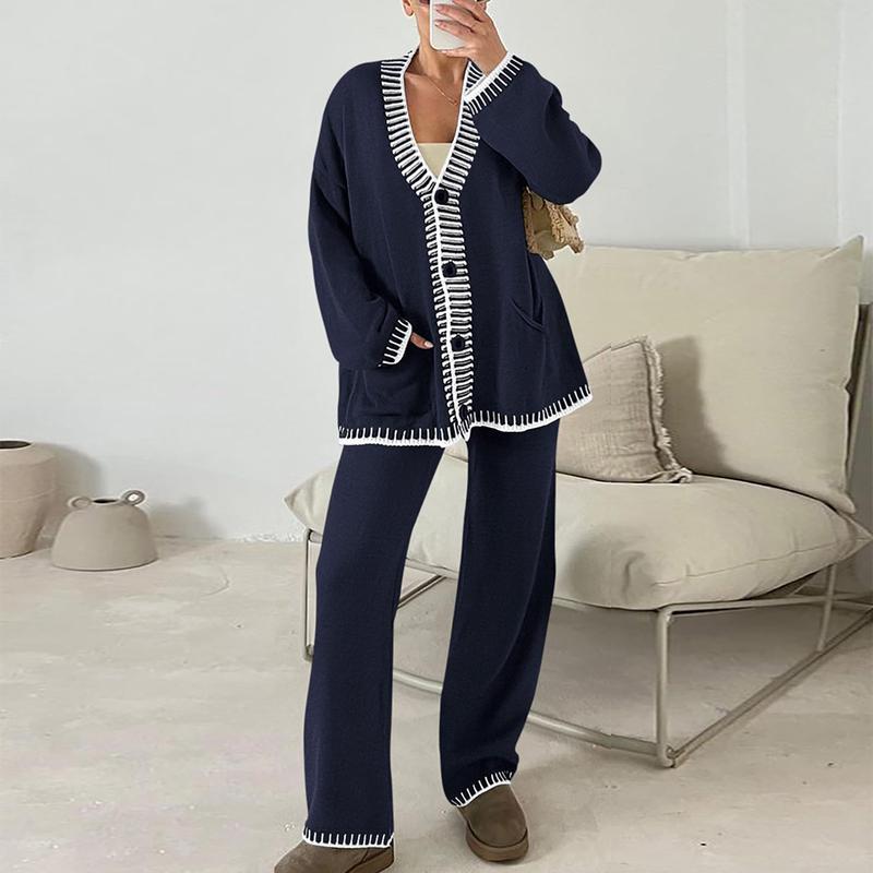 n Women's 2 Piece Set Winter Knit Outfits Matching Loungewear Long Sleeve V Neck Cardigan Sweaters Wide Leg Pants Tracksuits