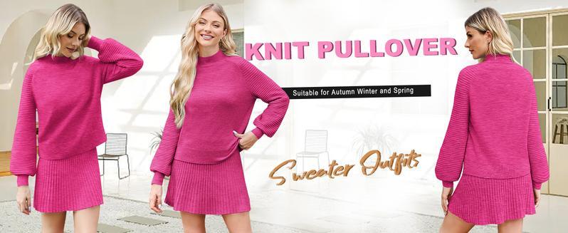 Women's 2 Piece Outfits 2025 Long Sleeve Mock Neck Ribbed Sweaters And Mini Skirt Two Piece Sets