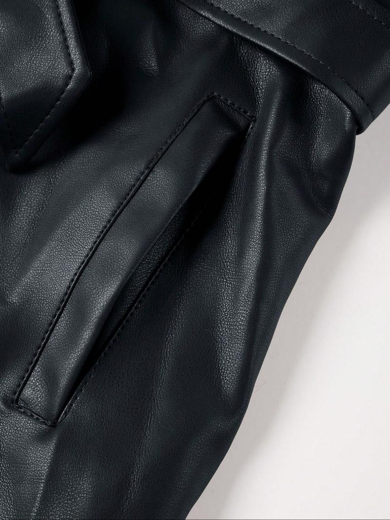 Women's Fall Winter Faux Leather Jacket with Detachable Belt, Long Sleeve Fitted Coat with Hood, Casual Warm Daily Wear