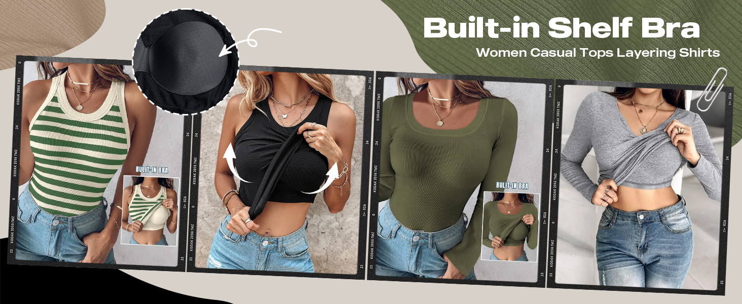 CHICME Built-in Bra Pads Slim Fit Tank Tops Sleeveless Fall Layering Shirs