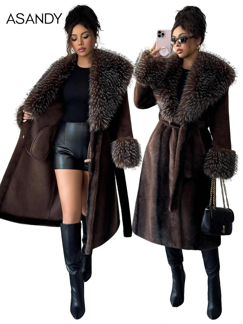 ASANDY Women's Luxury Faux Brown Fur Coat with Plush Collar & Cuffs Belted Mid-Length Winter Outerwear Elegance Long Sleeve Jackets for Cold Weather