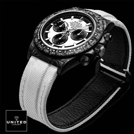 Rolex Daytona Carbon Cream Textile Bracelet White Dial Replica Black Background