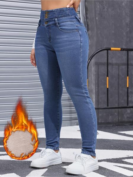 Women's High Elasticity Fleece Lined Thick Denim Jeans, Fall & Winter Fashion, Comfortable Slimming Jeans, Elegant Style