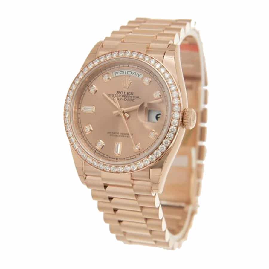 rolex day date 36 rose diamond dial automatic everose gold president 128345pdp
