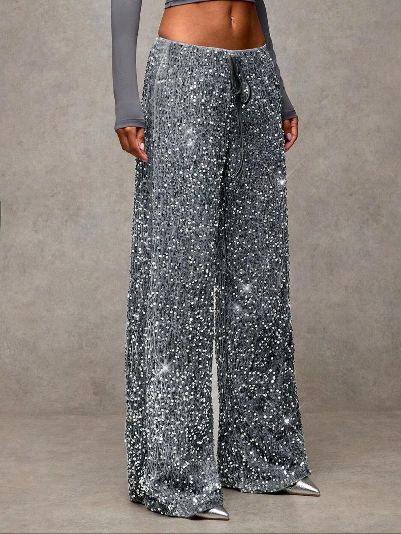 Women's Fashion Pants with Elastic Waistband, Bow Tie Design, Sequin Detailing, Stylish Long Trousers for Casual Wear