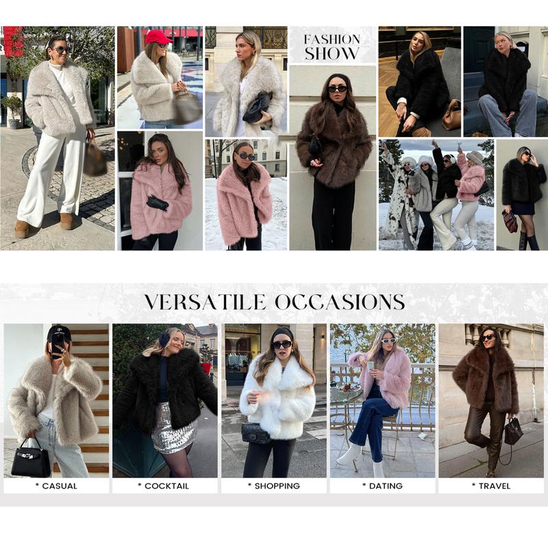 Buenoble Women's Brown Faux Fur Coat Winter Fluffy Short Jacket Warm Fuzzy Oversized Outwear Top Shaggy Collar Full Lining Short Jacket with Side Pockets