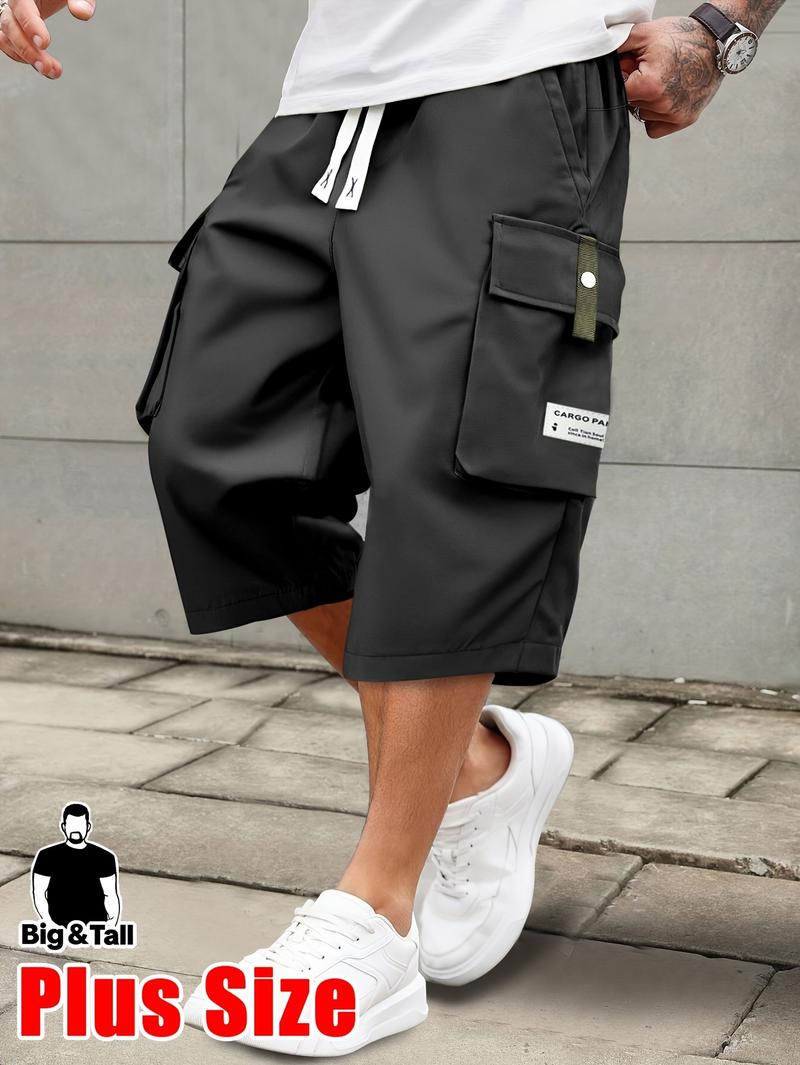 Men'S Plus Size Summer Lightweight Cargo Pants - Casual Cargo Style with Drawstring Waist, Large Pockets & Letter Patch, Solid Color Regular Fit for Casual Attire & Outdoor Activities, PLUS SIZE