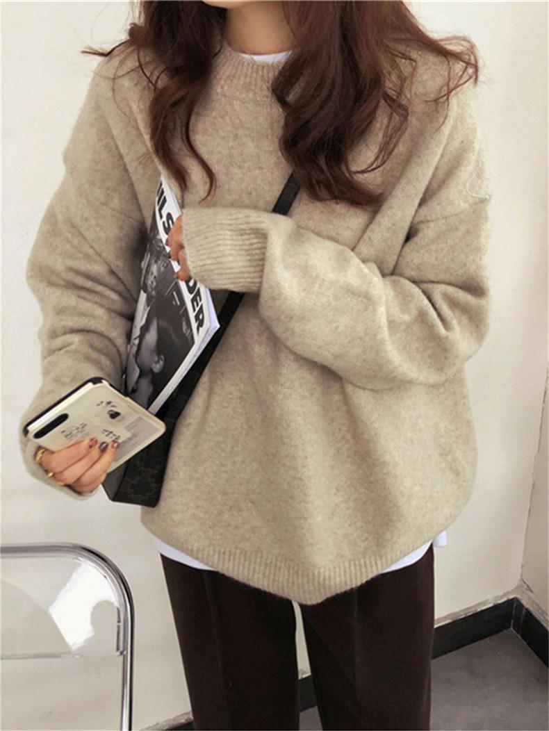 Women's solid color shoulder long sleeved pullover sweater, casual style fashionable round neck pullover, suitable for autumn and winter wear, women's knitted top for autumn and winter, women's sweater, women's daily wear knitwear.