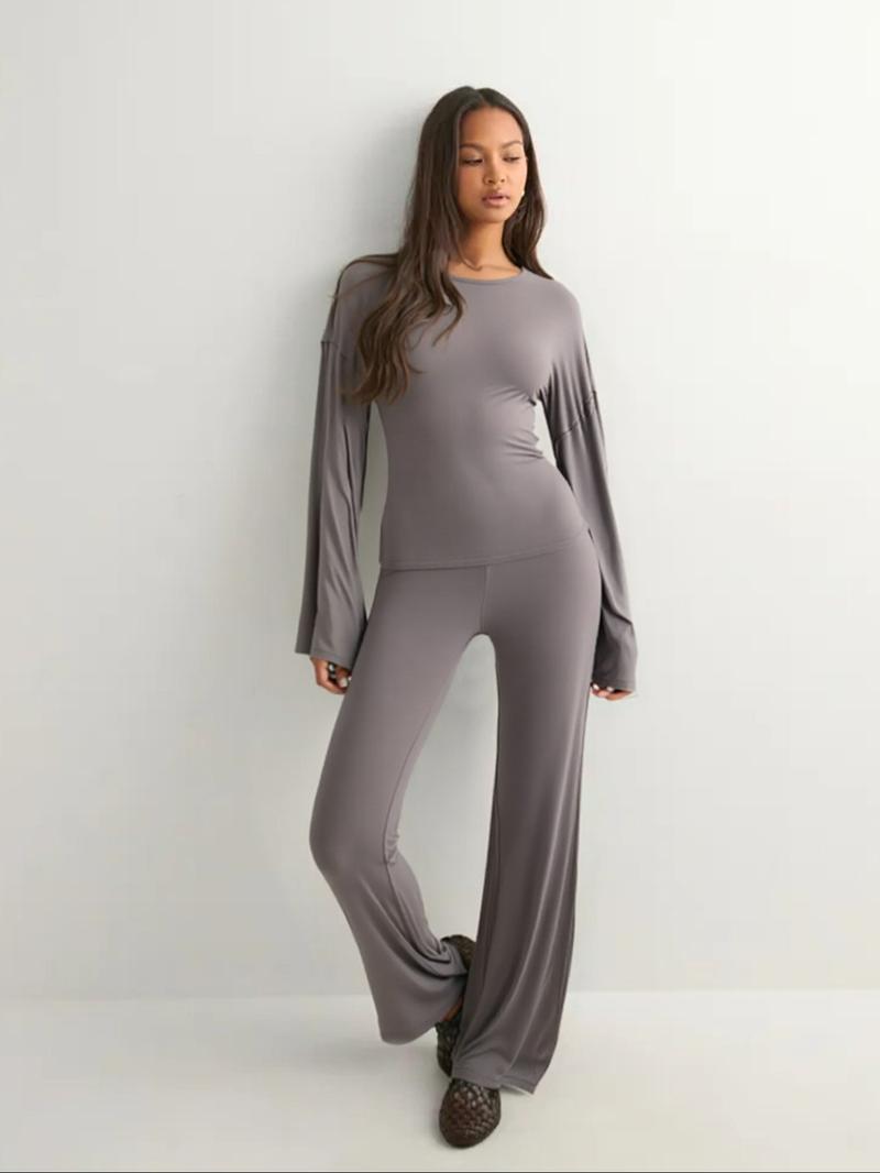 Women's Fall New Round Neck Flare Long Sleeve Top & Elastic Waist Straight Leg Pants Set, Casual Fashion for Daily Wear