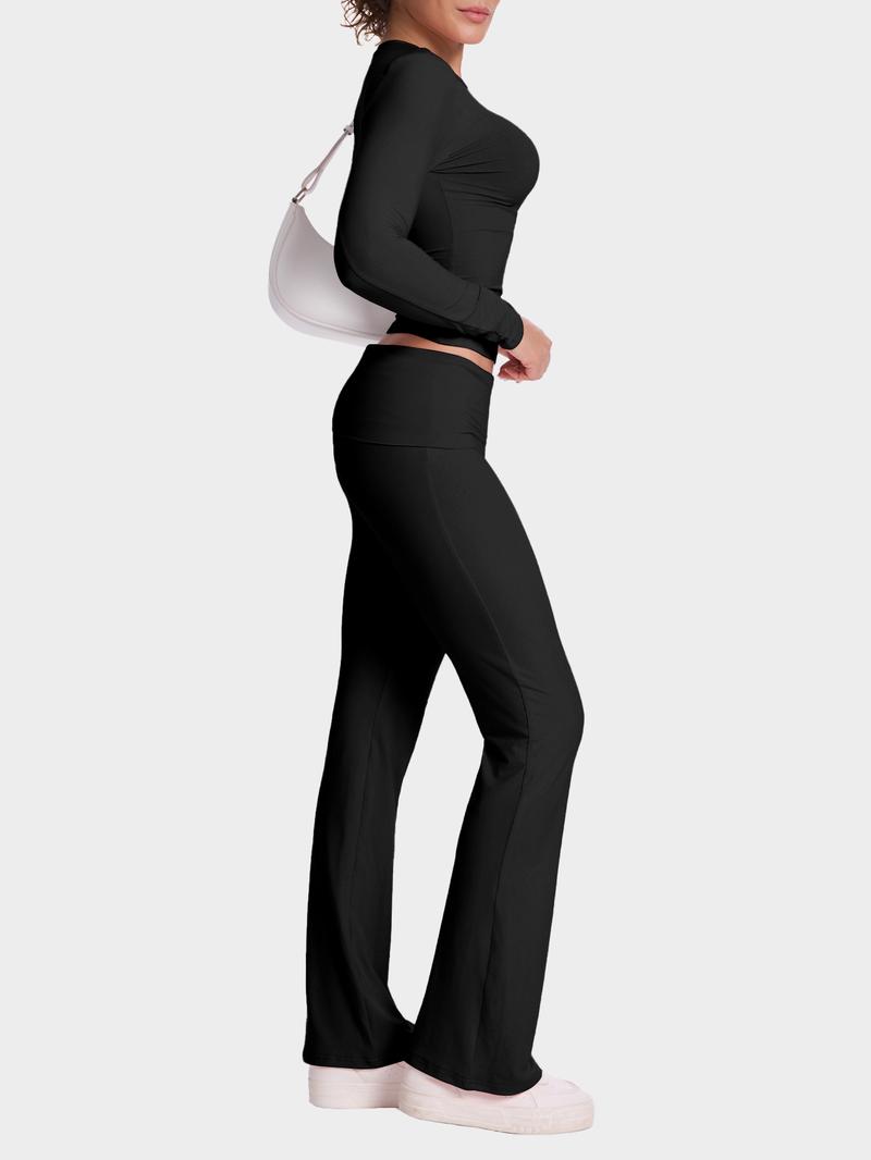 Women's two counts casual slim suit, including waist bell-bottoms and long-sleeved tops, is soft and can be worn outside, and Y2K style is matched with casual fashion.