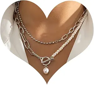 Bethynas Dainty Silver Layered Baroque Pearl OT Clasp Necklace Stacking Beaded Ball Chain Paperclip Pearl Chain Retro Necklace for Women