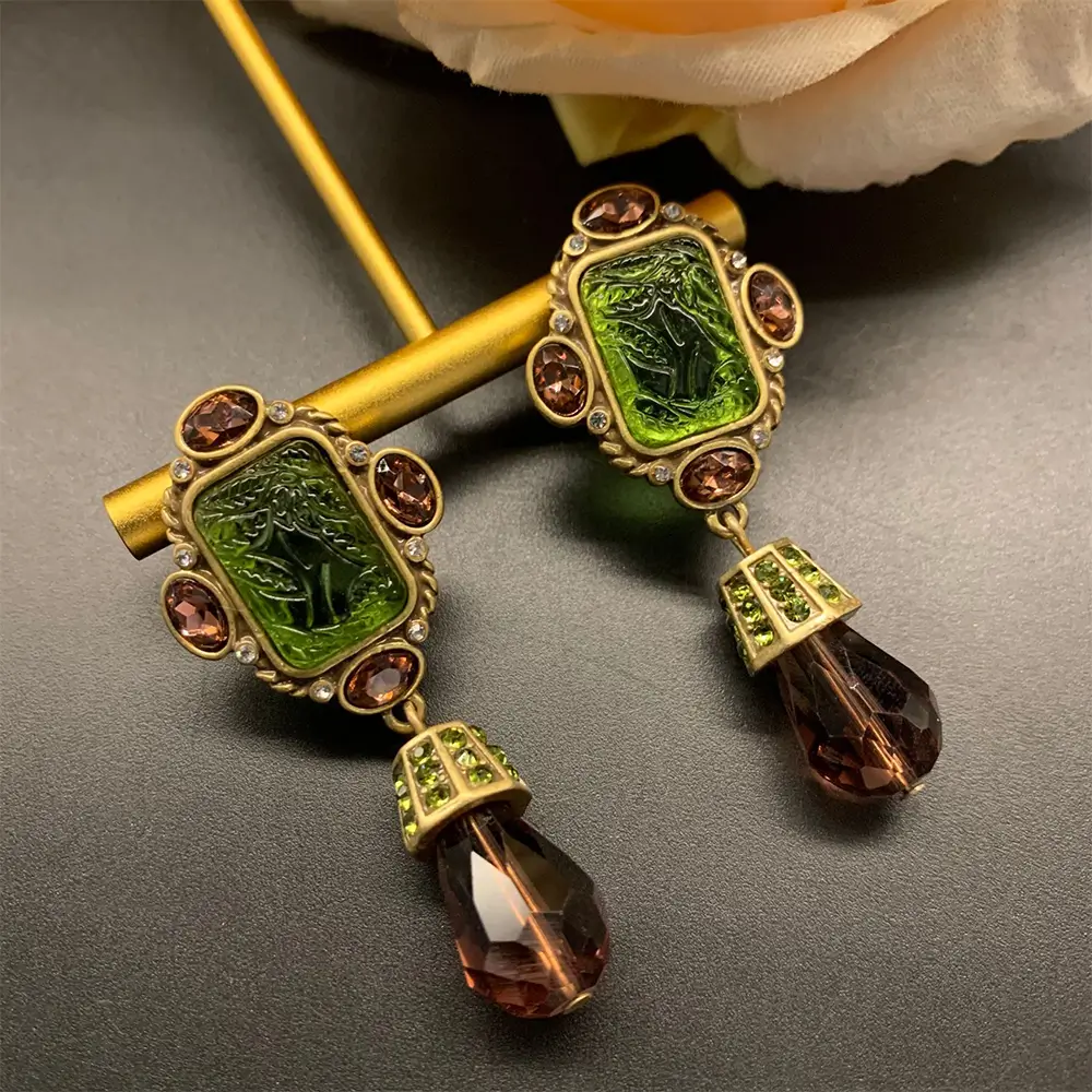 Vintage Carved Crystal Drop Earrings-mysite-KissLila