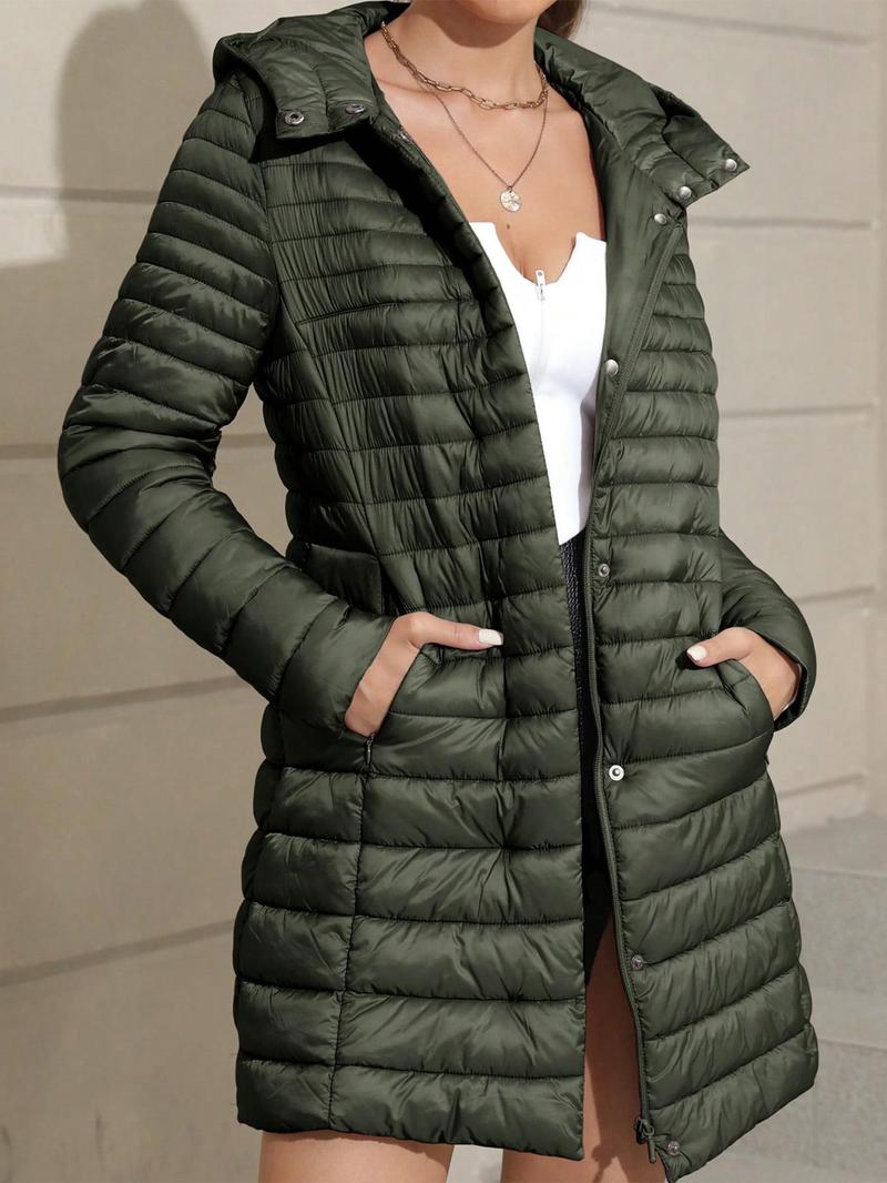 Women's Plus Size Fall Winter Puffer Jacket, Casual Fitted Long Sleeve Hooded Coat with Pocket, Lightweight Warm Outerwear