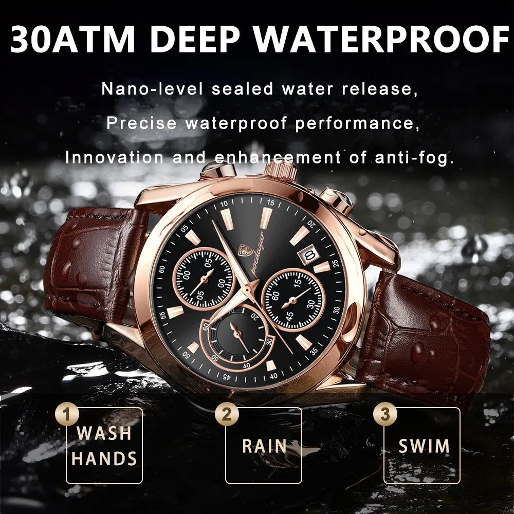 POEDAGAR Men Watches Top Brand Luxury Leather Wristwatch Sport Chronograph Waterproof Luminous Quartz Military Watch for Men