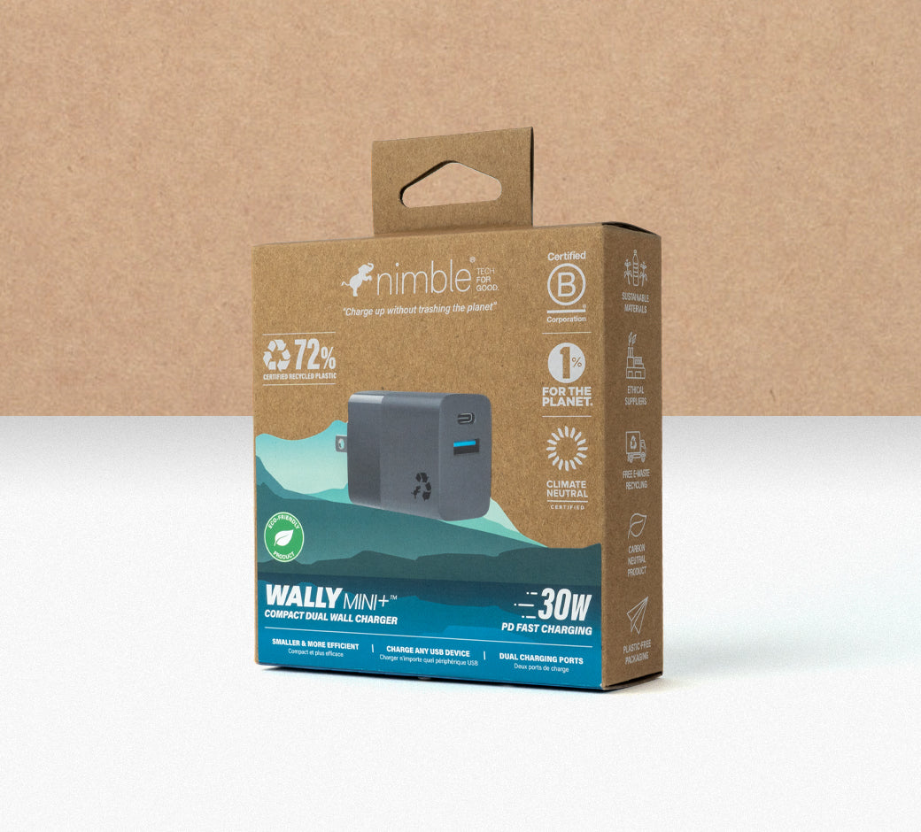 Packaging of Nimble Wally Mini+ compact dual wall charger, 30W fast charging, eco-friendly packaging.