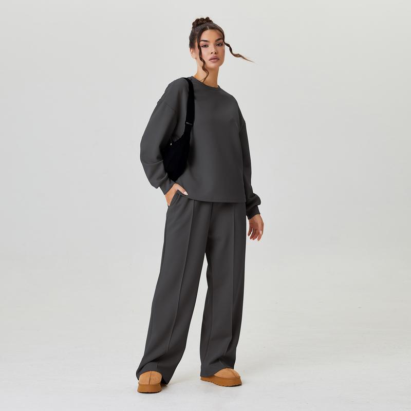 KatchMe Women's Casual Solid Color Loose Long Sleeve Top & Exposed Stitches Trousers Co-ord, Cozy Round Neck Top & Wide Leg Trousers Two Piece Outfits