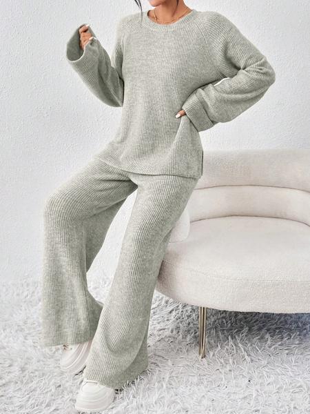 Women's Raglan Sleeve Split Sweater & Elastic Waist Pants Set, Basic Round Neck Top & Pants Sweater Set, Women's Autumn & Winter Clothing for Daily Wear.