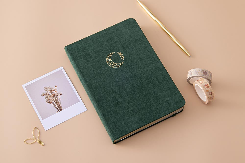 Tsuki ‘Midnight Garden’ Limited Edition Bullet Journal and free paperclip gift with Tsuki ‘Maple Dreams’ Washi Tapes with gold pen and polaroid picture on beige background