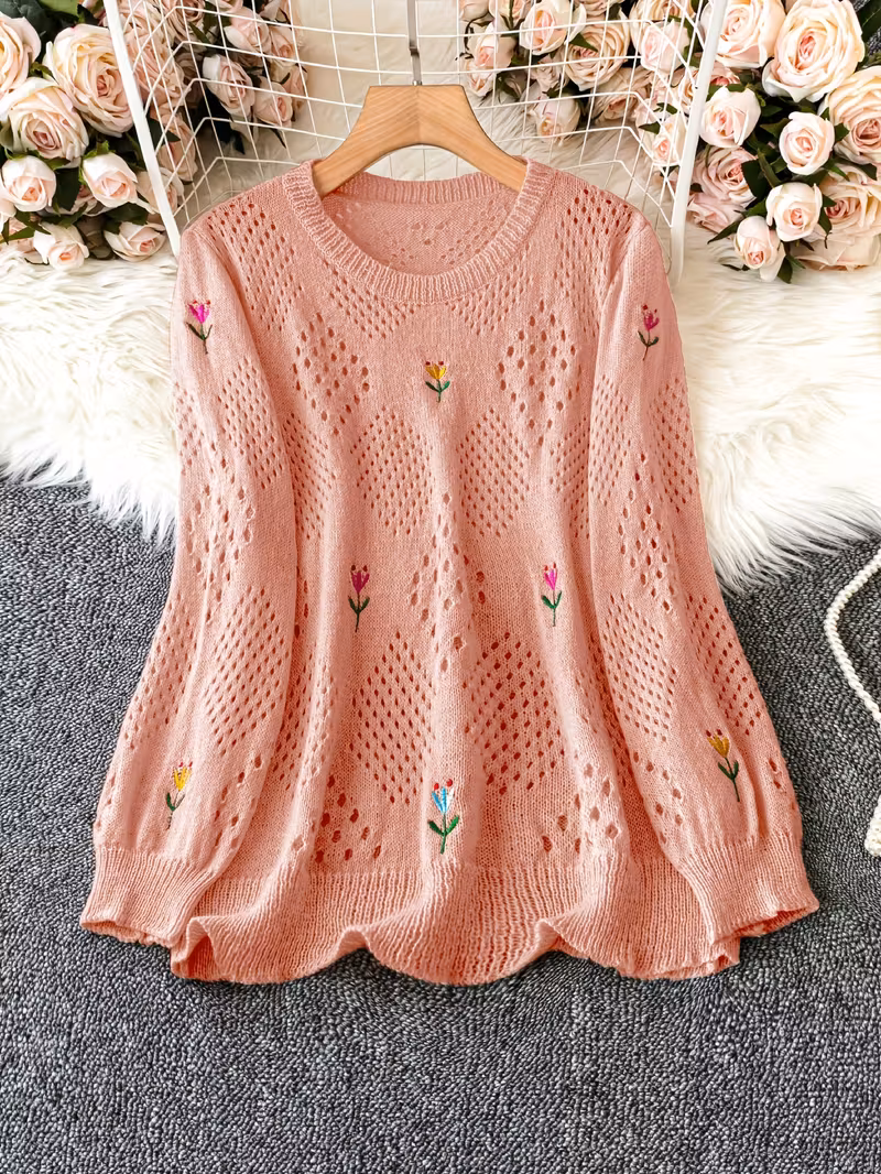 plus size floral embroidery sweater casual cut out long sleeve crew neck sweater for spring womens plus size clothing Product details 0