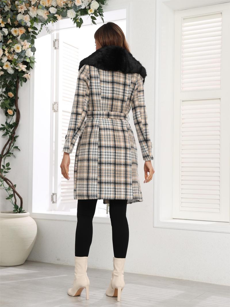 Women's Plaid Print Double Button Belted Woolen Coat, Casual Long Sleeve Collar Outerwear for Fall & Winter, Ladies Clothes for Daily Wear, Casual Fashionable Jacket