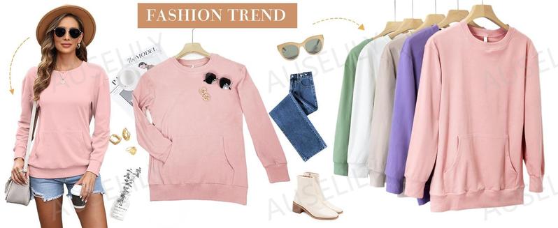 AUSELILY Women's Crewneck Hoodless Sweatshirt With Kangaroo Pocket Fleece Longsleeve Oversized Casual Style Shirt Lightweight Pullover