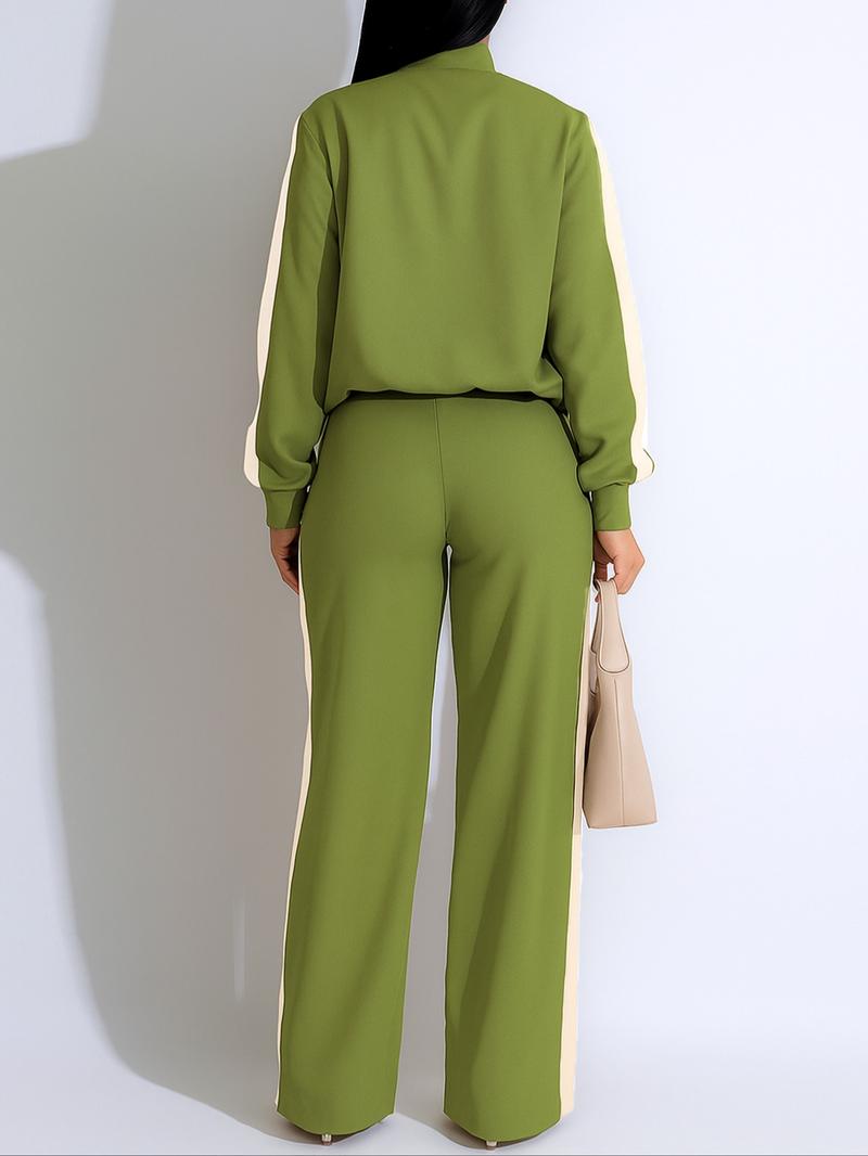 Two-piece Set Women's Patchwork  Top & Wide Leg Pants Set, Casual Long Sleeve  Outerwear & Pants for Daily Wear, Ladies Summer Clothes