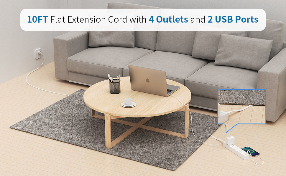 10 FT Ultra Thin Flat Extension Cord Under Carpet