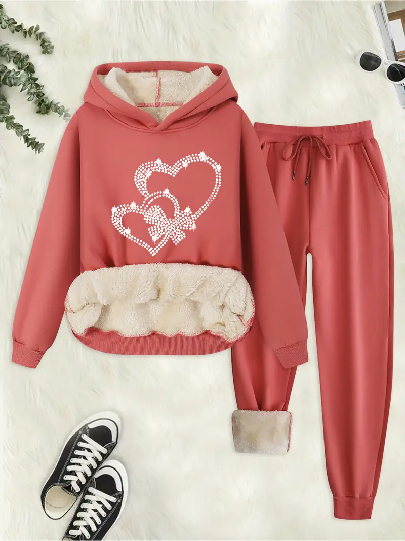 japanese and korean style casual womens heart bow print hoodie and pants set   fall winter featuring a plush design ideal for outdoor Product details 0
