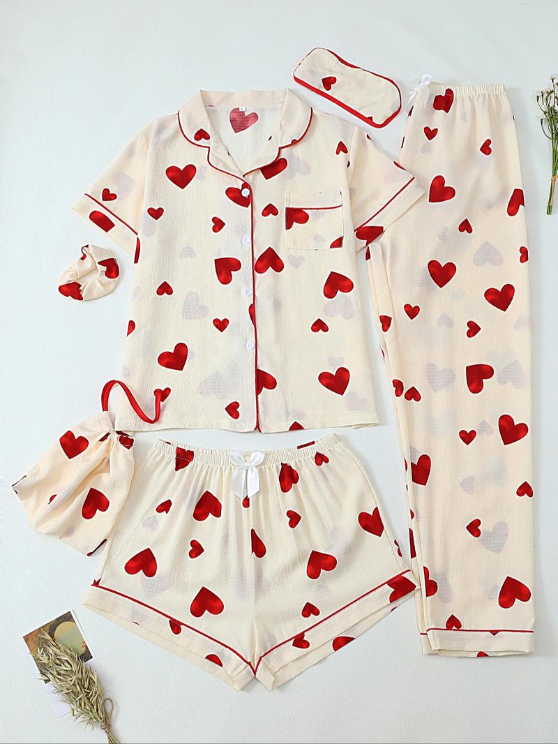 Women's All Over Print Top & Shorts & Pants & Accessories Pyjama Set, Casual Comfy Pj Set, Ladies Sleepwear for All Seasons