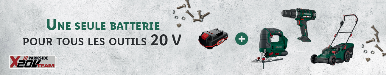 Outils Parkside: perceuse, scie sauteuse, tondeuse et batterie 20V.