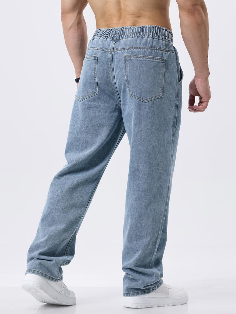 Men's drawstring elastic waist washed and distressed loose straight-leg jeans, non-stretchy denim pants, comfortable and loose fit. Suitable for daily casual wear, urban gatherings, and weekend fashion looks. A must-have trendy men's pants 🔥