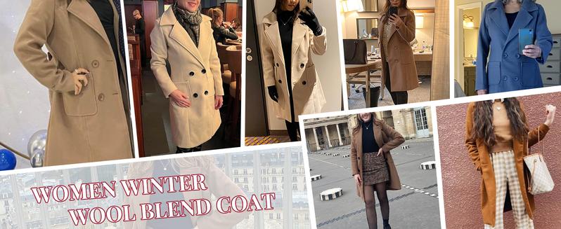 SCUSTY TikTokShopBlackFriday Women Winter Wool Blend Camel Mid-Long Coat Notch Double-Breasted Lapel Jacket Outwear