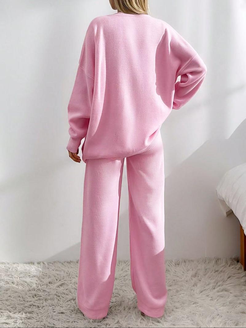 Women's Solid Button Front Drop Shoulder V Neck Cardigan & Elastic Waist Wide Leg Pants Two-piece Set, Casual Fashion Cozy Knitwear Set for Daily Outdoor Wear, Women's Knitwear for Fall & Winter