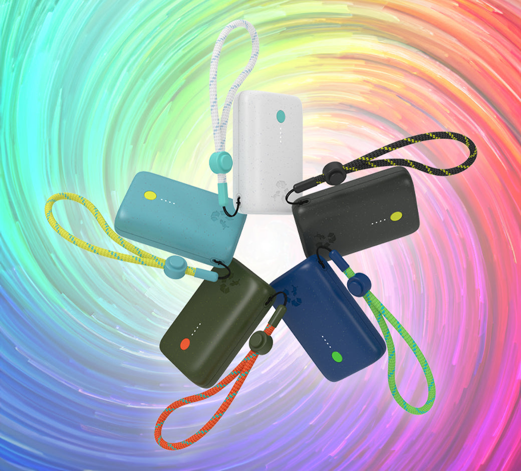 Spiral of colorful chargers with matching lanyards.