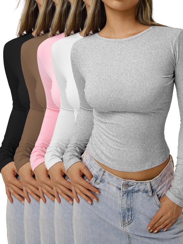 Women's Solid Ruched Long Sleeve Crop Lounge Tee, Casual Comfy Round Neck T-shirt for Daily Wear, Ladies Sleepwear for Spring & Fall, Pyjamas for Women