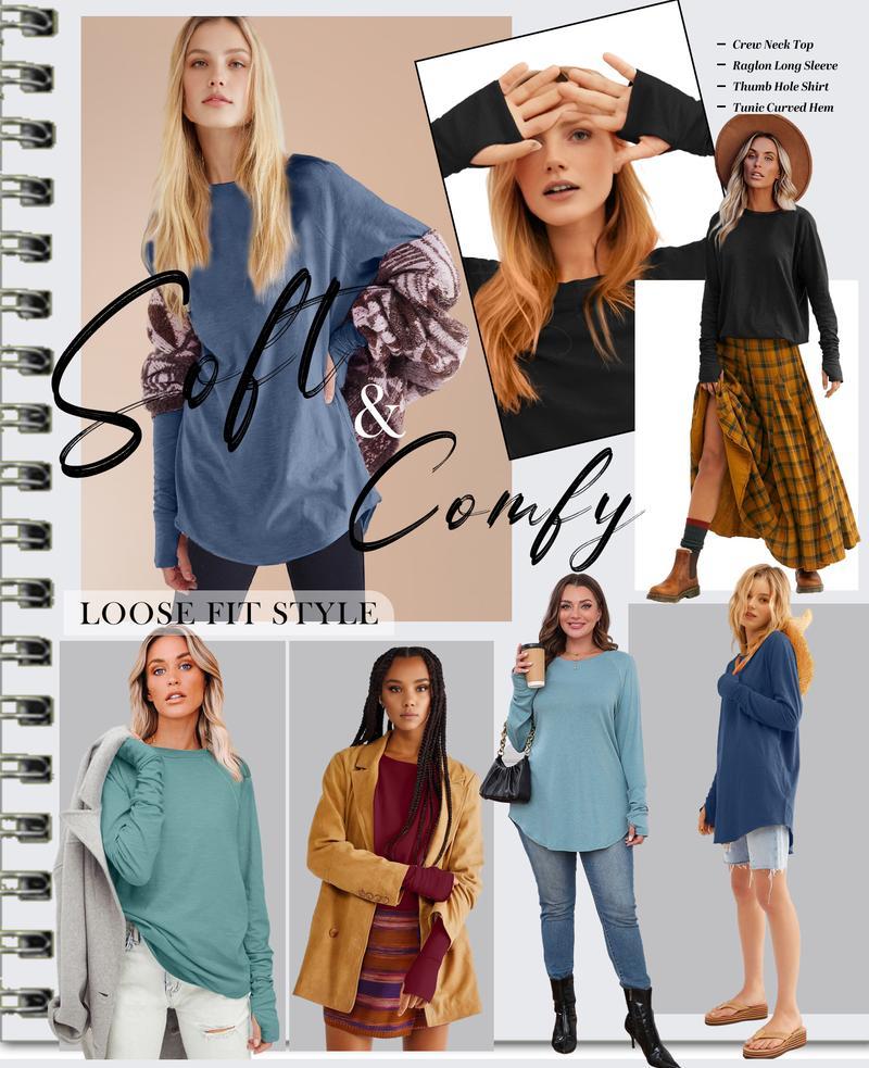 Womens Tunic Tops to Wear with Leggings Long Sleeve Thumb Hole Shirts Crew Neck Curved Hem