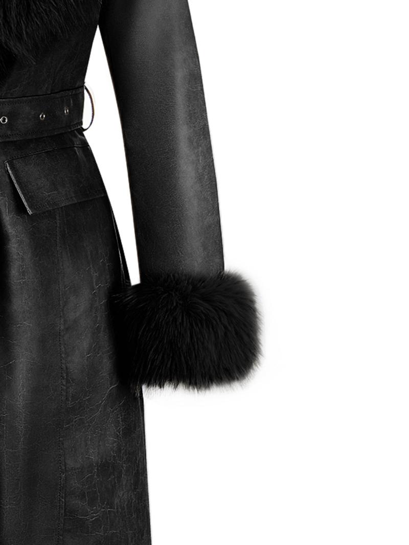 Women's Fall Winter Long Windproof Waterproof Jacket Coat, Comfortable Faux Fur Collar, Thick PU Leather, Slim Fit with Belted Design Outerwear