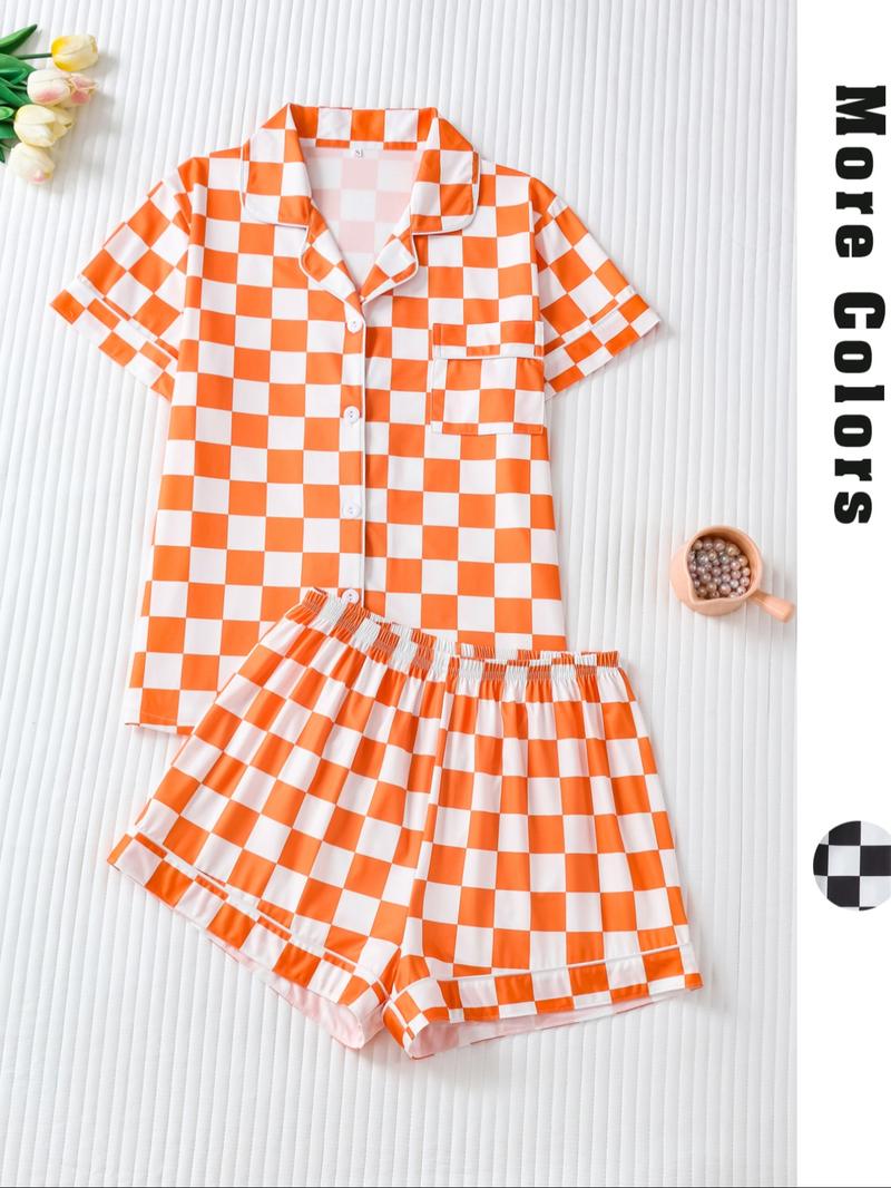 Women's Checkerboard Print Lapel Neck Pajama, Casual Comfy Short Sleeve Button Front Chest Pocket Design Top & Elastic Waist Shorts PJ Set, Ladies Summer Sleepwear