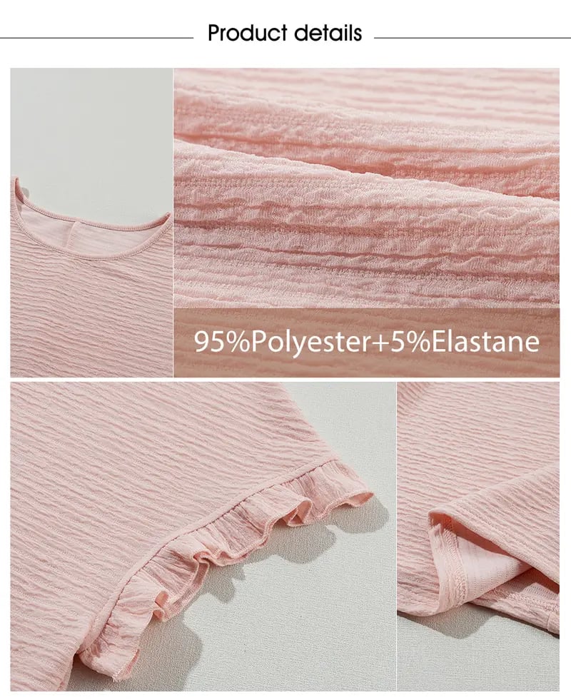 Product Introduction of SHEWIN 2025 Summer Outfit Womens Short Sleeve Tops Round Neck Ruffle Casual Summer Textured Work T Shirts Tee Blouse 6