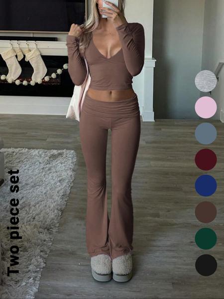 Elegant Casual V-Neck Long Sleeve Two-Piece Set, Slim-Fit Crop Top & Pants for Fall Winter, Moderate Fabric, Plain Color Design