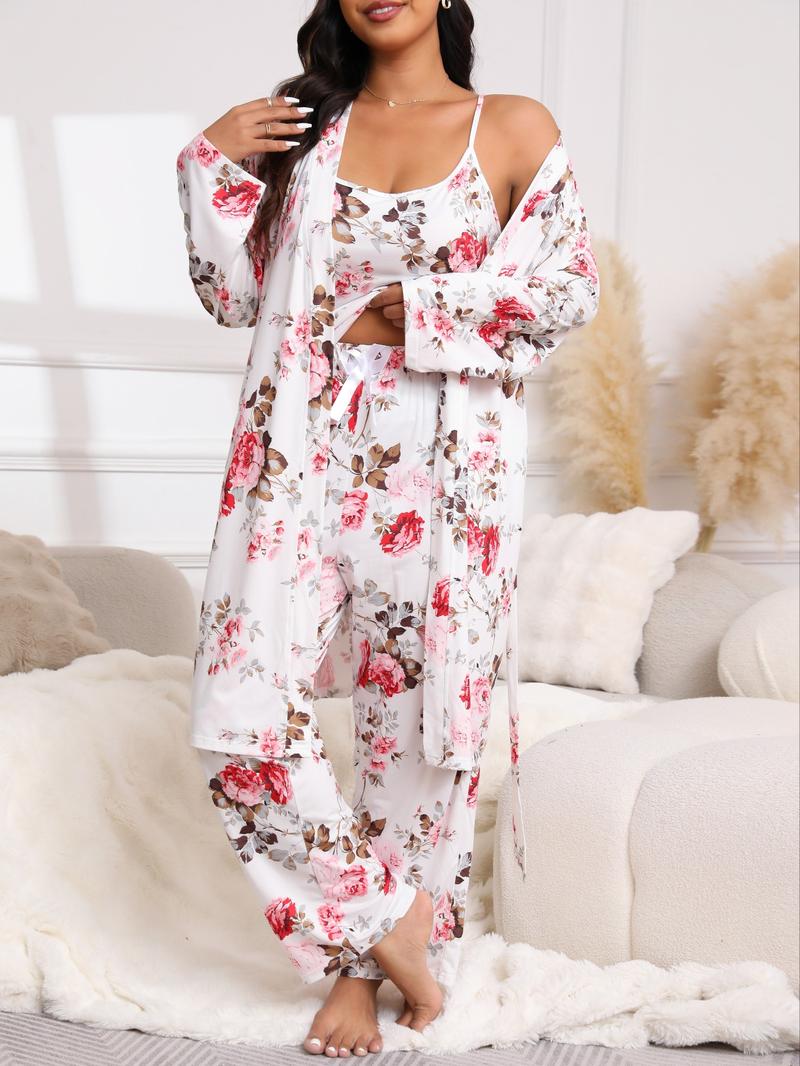 [Plus Size] Three-Piece Set Floral Print Belted Lounge Robe & Cami Top & Elastic Waist Pants Pyjama Set, Elegant Comfy Drop Shoulder Long Sleeve Robe & Sleeveless Top & Bow Decor Trousers PJ Set, Women's Sleepwear for Spring & Fall