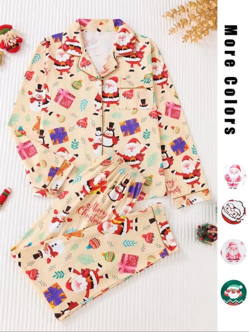 Two-piece Set Women's Christmas Print Button Front Pocket Shirt & Elastic Waist Pants Pyjama, Casual Comfy Long Sleeve Collared Top & Trousers Pyjama Set, Women's Sleepwear for Spring & Fall
