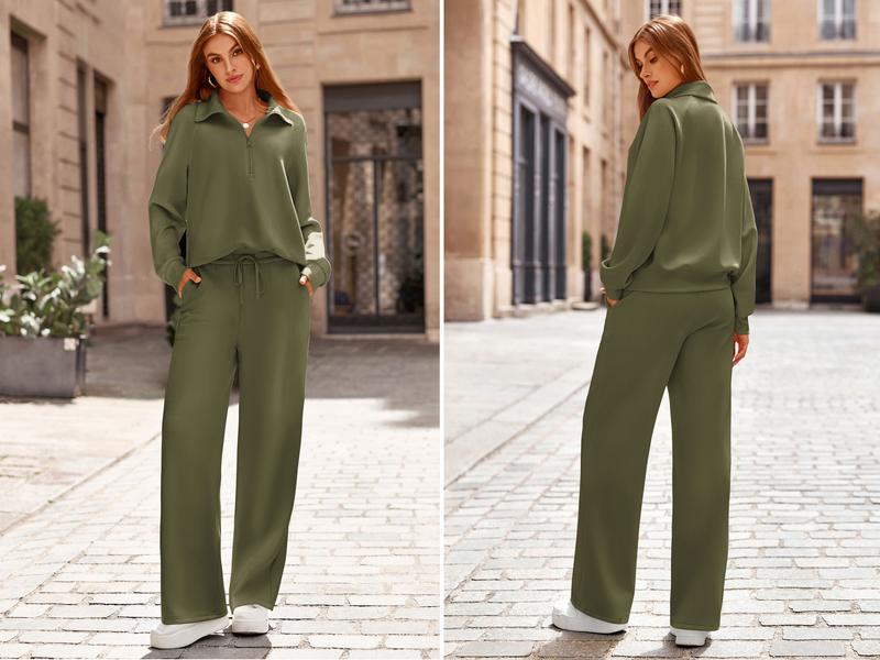 PRETTYGARDEN Women's Casual 2-Piece Sweatsuit Set - Half Zip Pullover Sweatshirt & Wide Leg Pants with Drawstring - Matching Tops & Sweatpants for Comfort