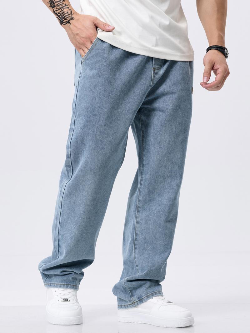 Men's drawstring elastic waist washed and distressed loose straight-leg jeans, non-stretchy denim pants, comfortable and loose fit. Suitable for daily casual wear, urban gatherings, and weekend fashion looks. A must-have trendy men's pants 🔥