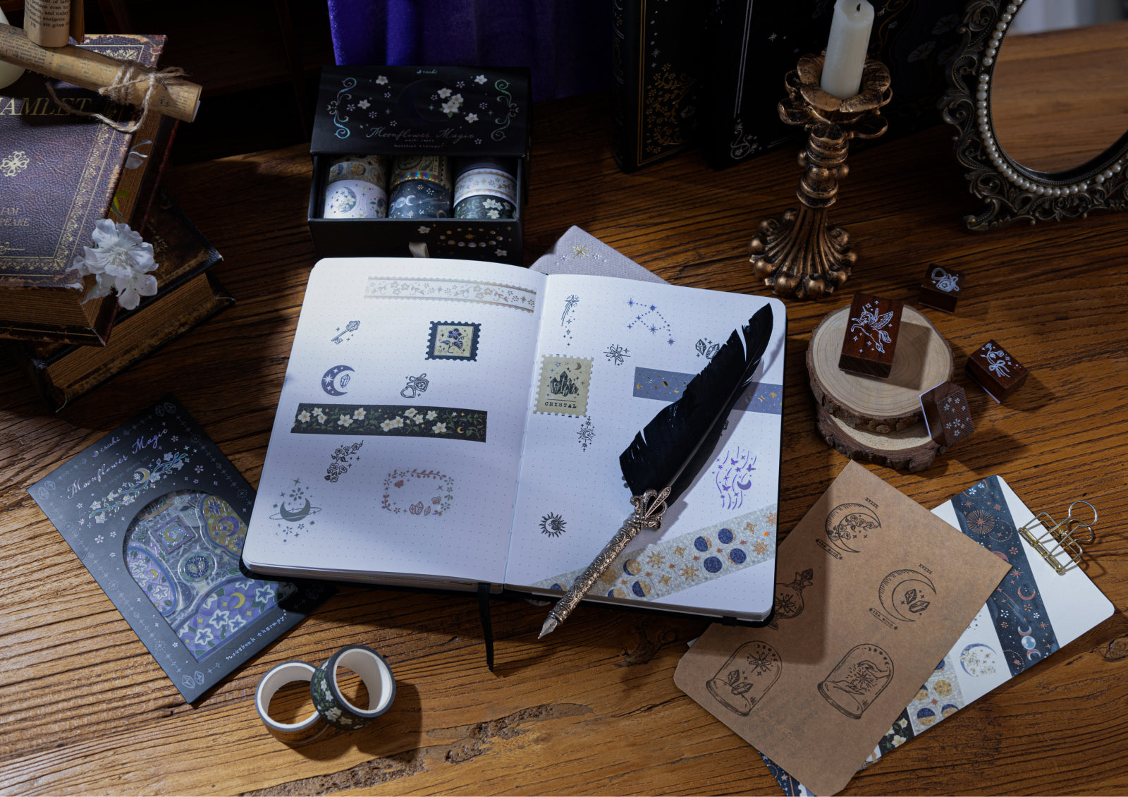 Bullet journal spread created in Tsuki Moonflower Magic Lunar Unicorn Notebook with celestial-themed stationery.